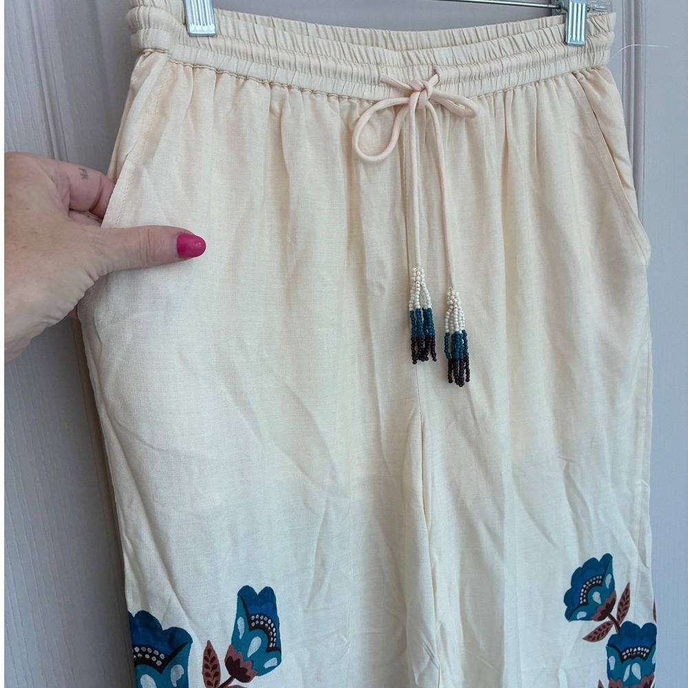 Farm Rio Anthropologie Floral Wide Leg Pants Cream Navy Blue Beaded Tassel Small - Picture 4 of 14